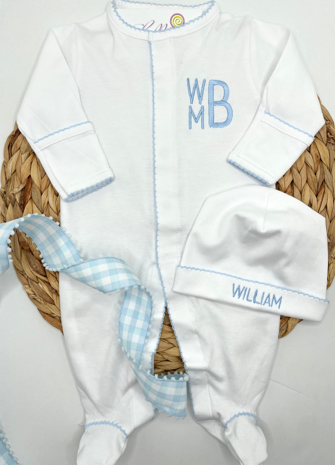 White Footie with Blue Picot Trim