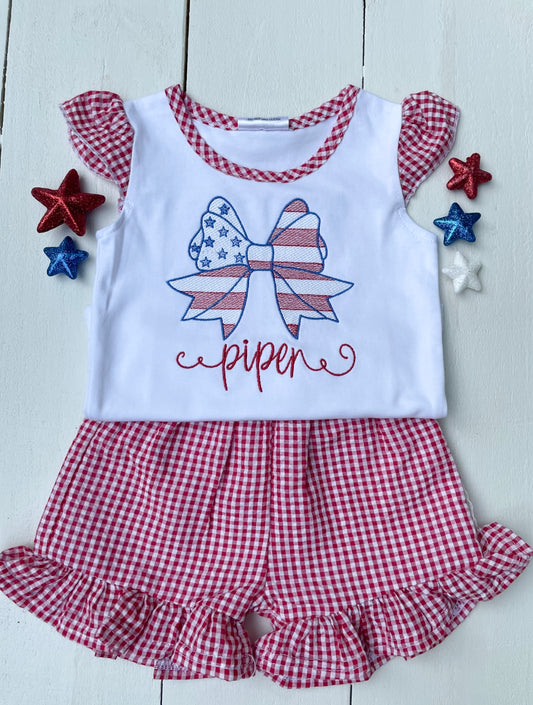 Girls Red Gingham Bow Set